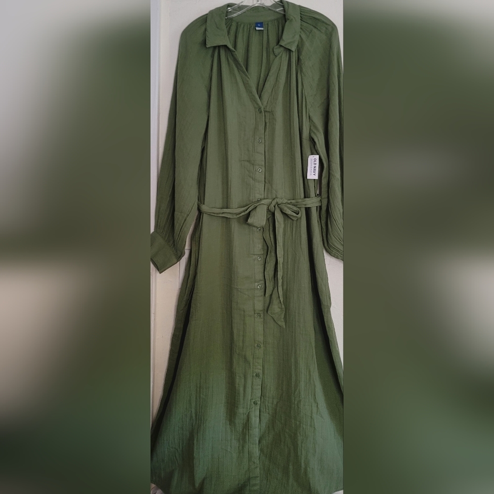 New Old Navy Sage Green Belted Midi Shirt Dress Size XXL Long Sleeve Cotton - Picture 4 of 16